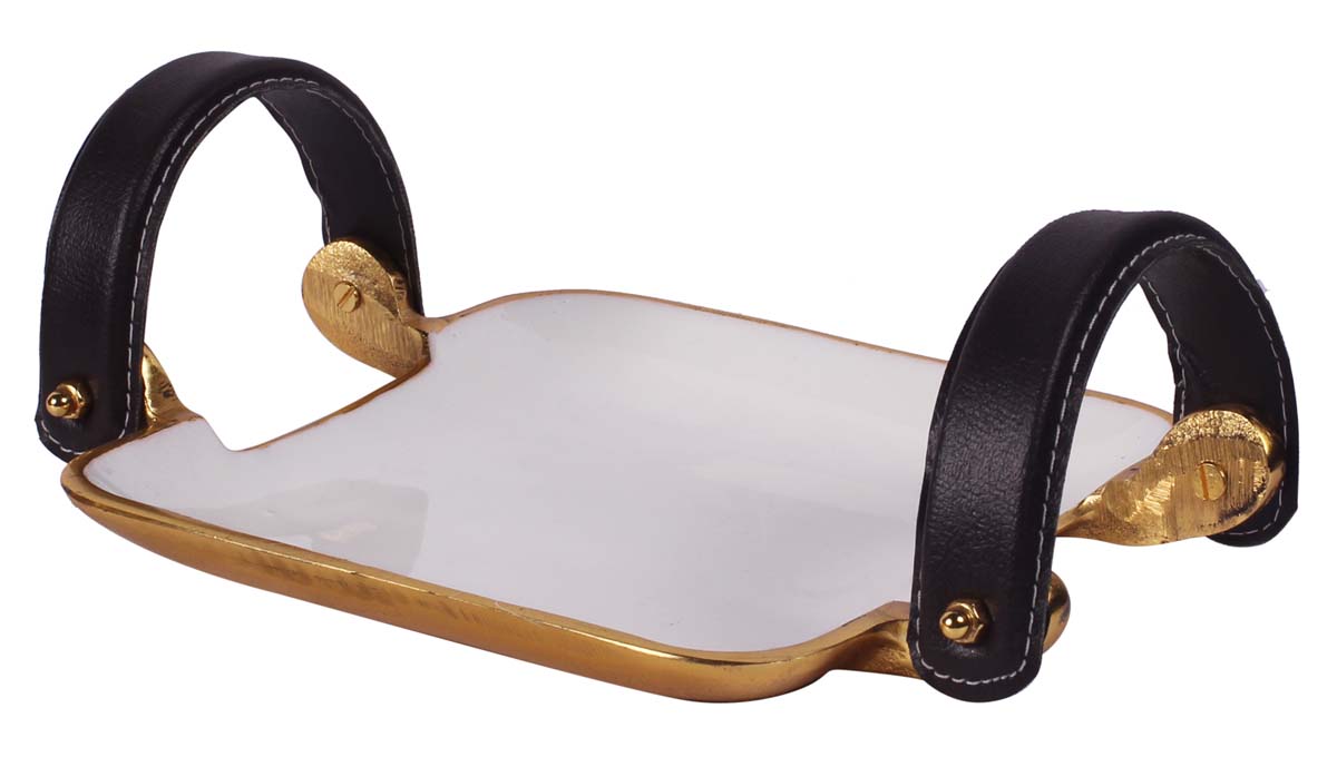 Buy in Bulk Wholesale Metal Tray with Leather Handles & 7.5” Square Decorative Distressed Finish - Golden White Color - Modern Home Decor